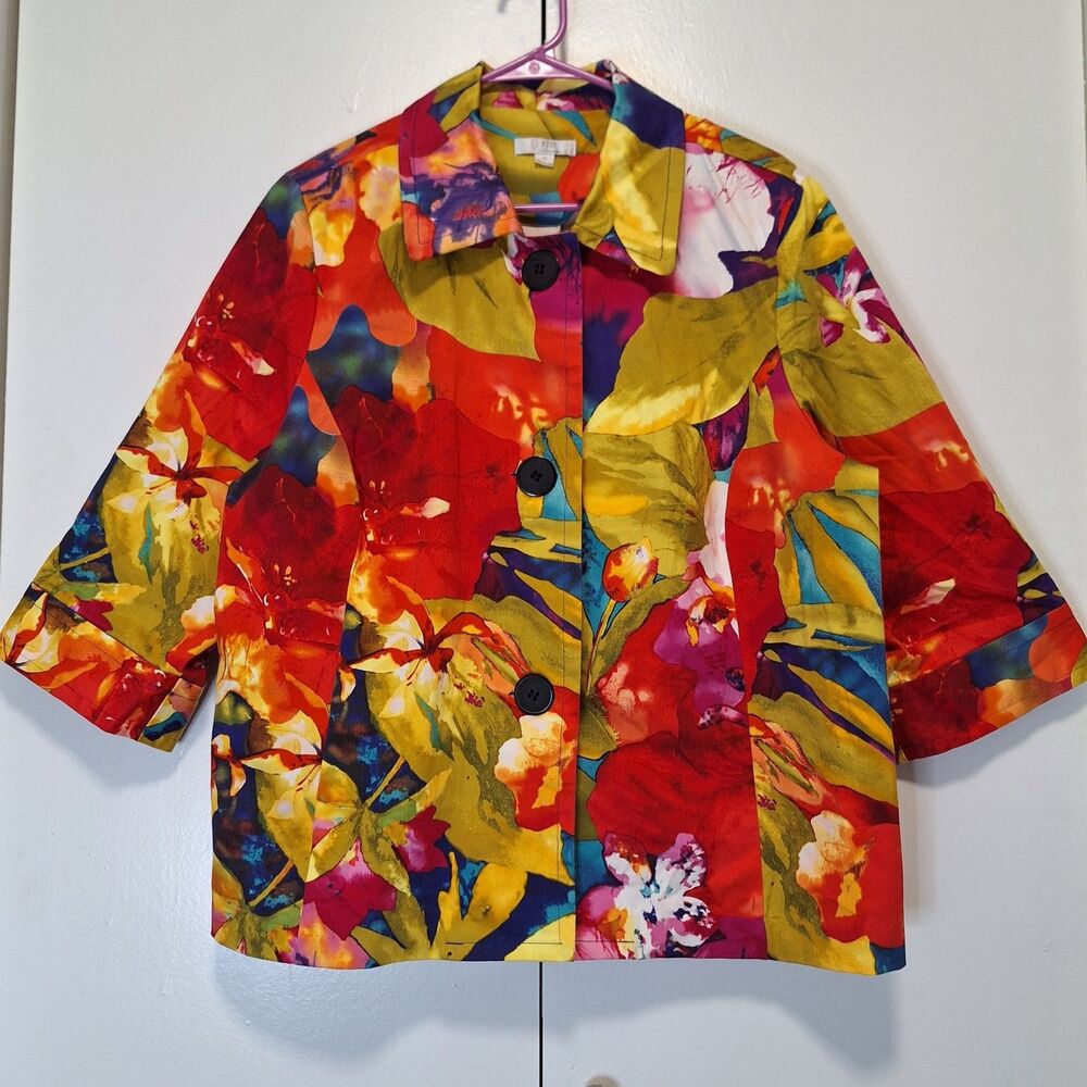Erin London Womens Stretch Jacket Floral Colorful Cotton 3/4 Sleeve Size 1X